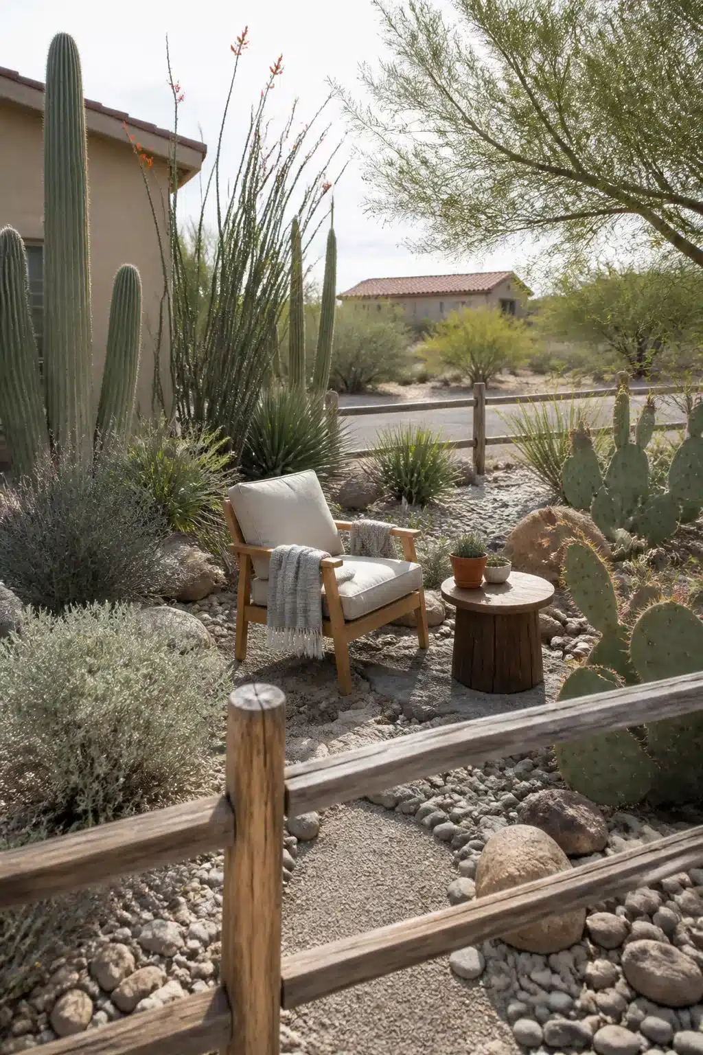 Xeriscape front yard with saguaro cactus, prickly pear, river rock path, and teak chair seating nook