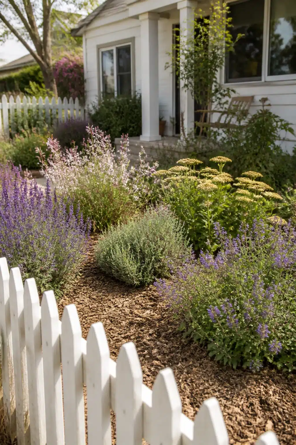 Cottage xeriscape front yard with catmint, yarrow, and wood chip mulch behind a white picket fence