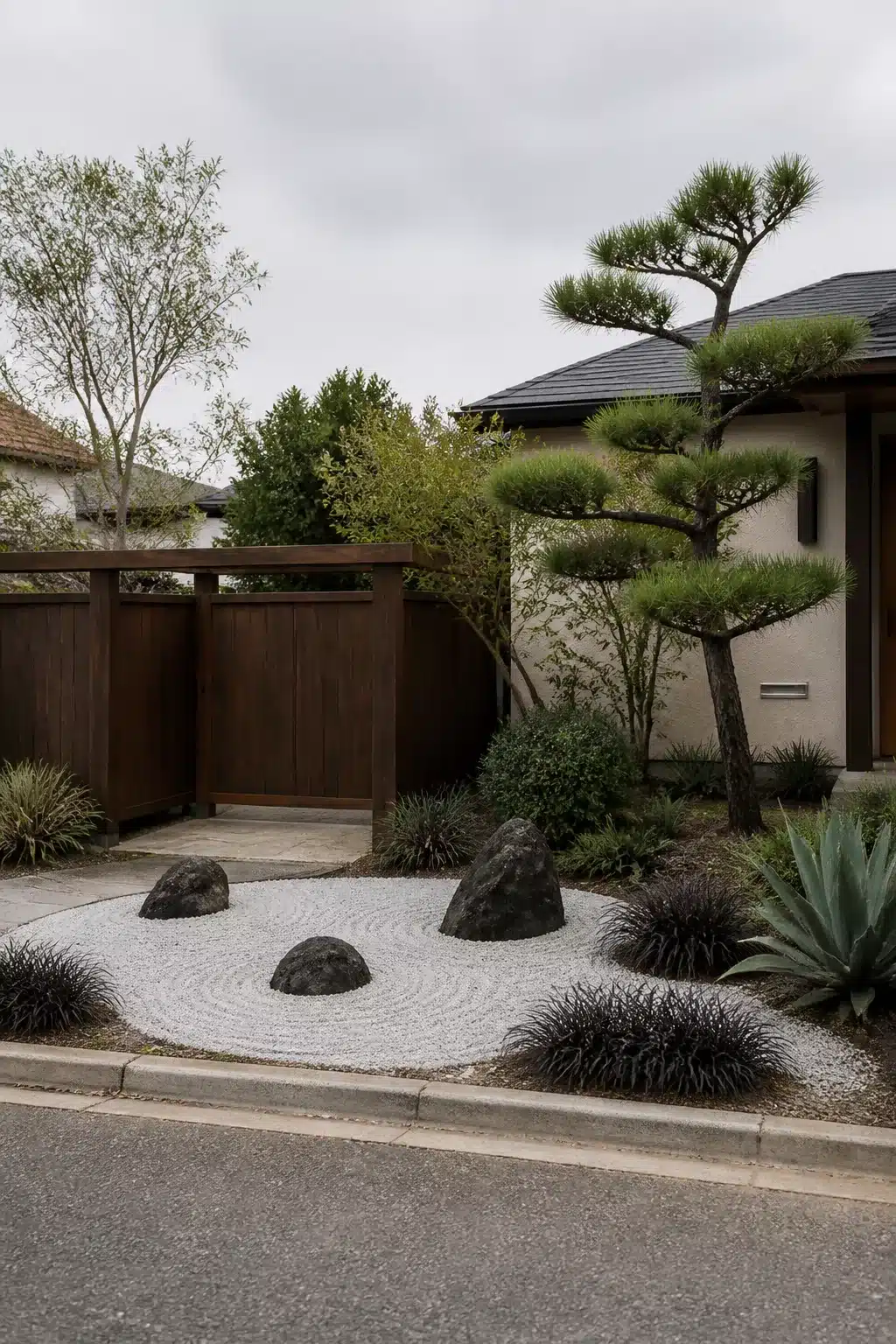 Xeriscape front yard with raked white gravel, volcanic rocks, black mondo grass, and a cloud-pruned pine tree
