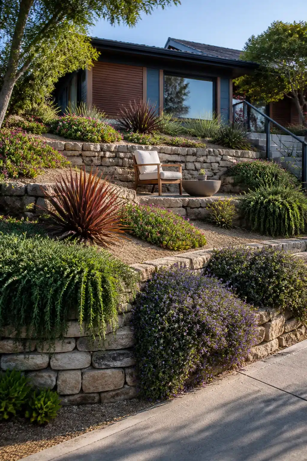 Sloped xeriscape front yard with stacked stone terraces, red cordyline, and drought-tolerant groundcovers