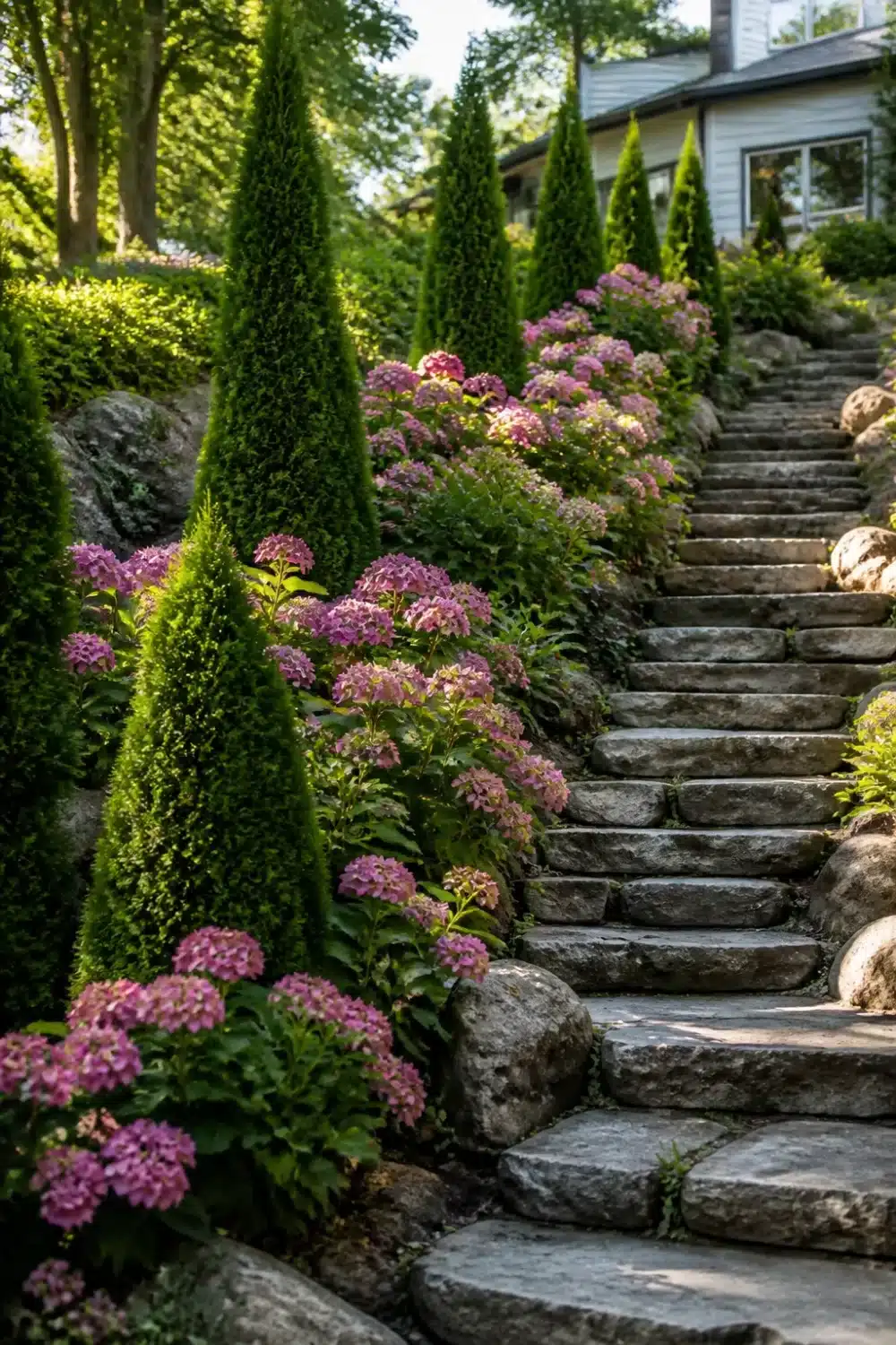 Arborvitae and hydrangea landscaping on a sloped yard with natural stone steps and pink blooms.