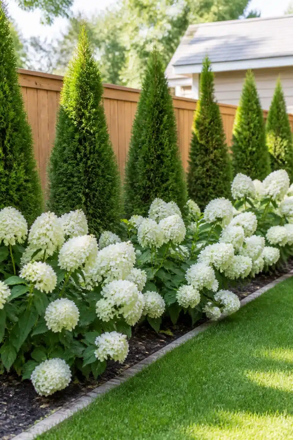 Arborvitae and hydrangea landscaping along a cedar backyard fence with white blooms and columnar evergreens