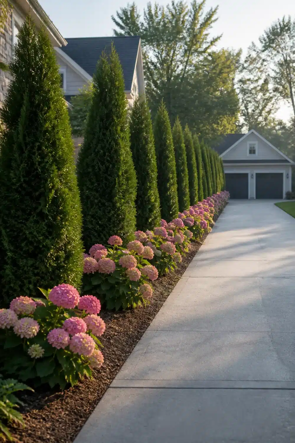 Arborvitae and hydrangea landscaping along a concrete driveway with pink blooms and bark mulch border.