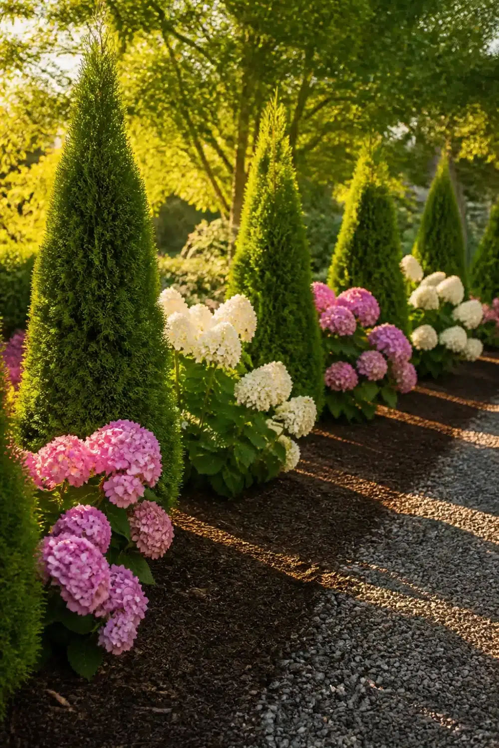 Arborvitae and hydrangea landscaping with a zigzag hedge row of pink and white blooms along a gravel path.