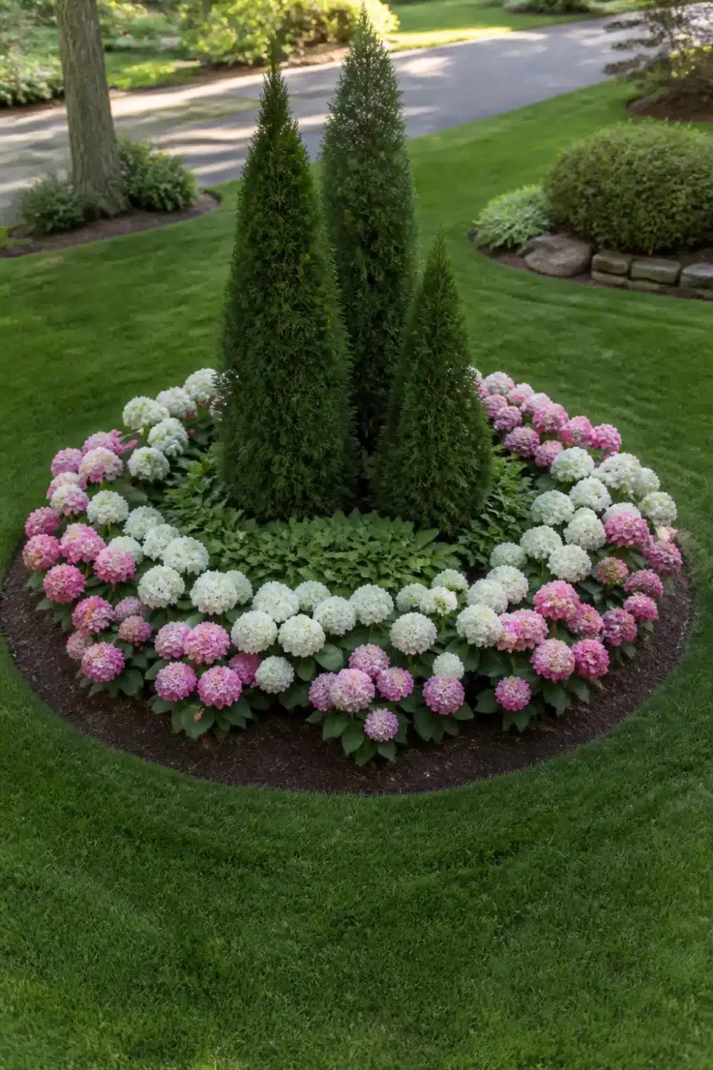 Circular island bed arborvitae and hydrangea landscaping with pink and white mophead blooms in a lawn.
