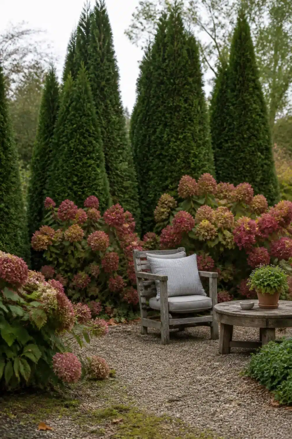 Arborvitae and hydrangea landscaping with deep red autumn panicles and weathered teak seating on gravel.
