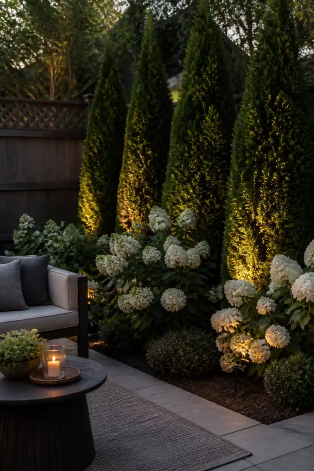 Arborvitae and hydrangea landscaping lit with warm uplights beside a cozy patio seating area at twilight.