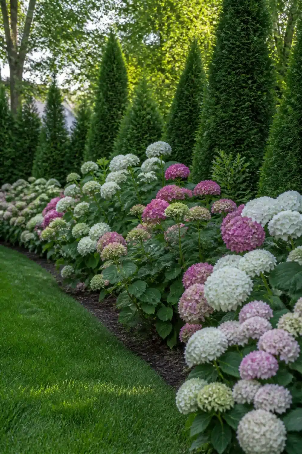 Arborvitae and hydrangea landscaping with pink and white mophead blooms in a staggered layered garden border