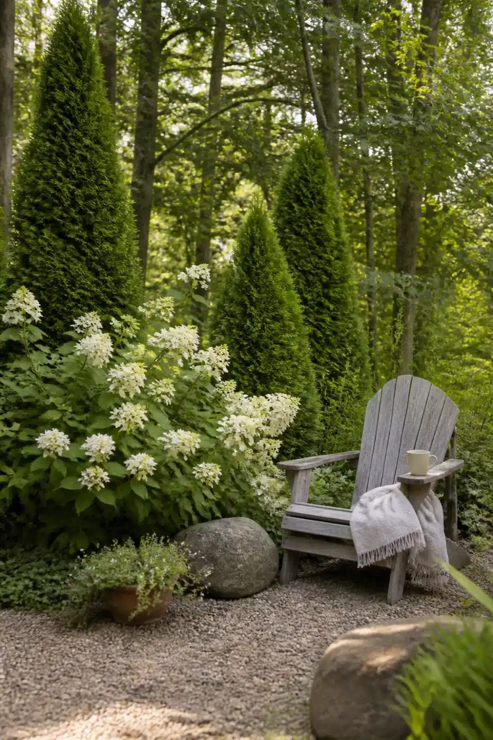 Arborvitae and hydrangea landscaping around a gravel woodland seating nook with Adirondack chair