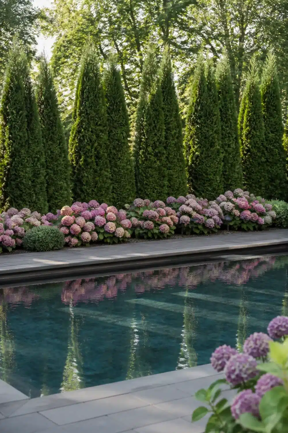 Arborvitae and hydrangea landscaping along a pool edge with pink blooms reflected in dark water.
