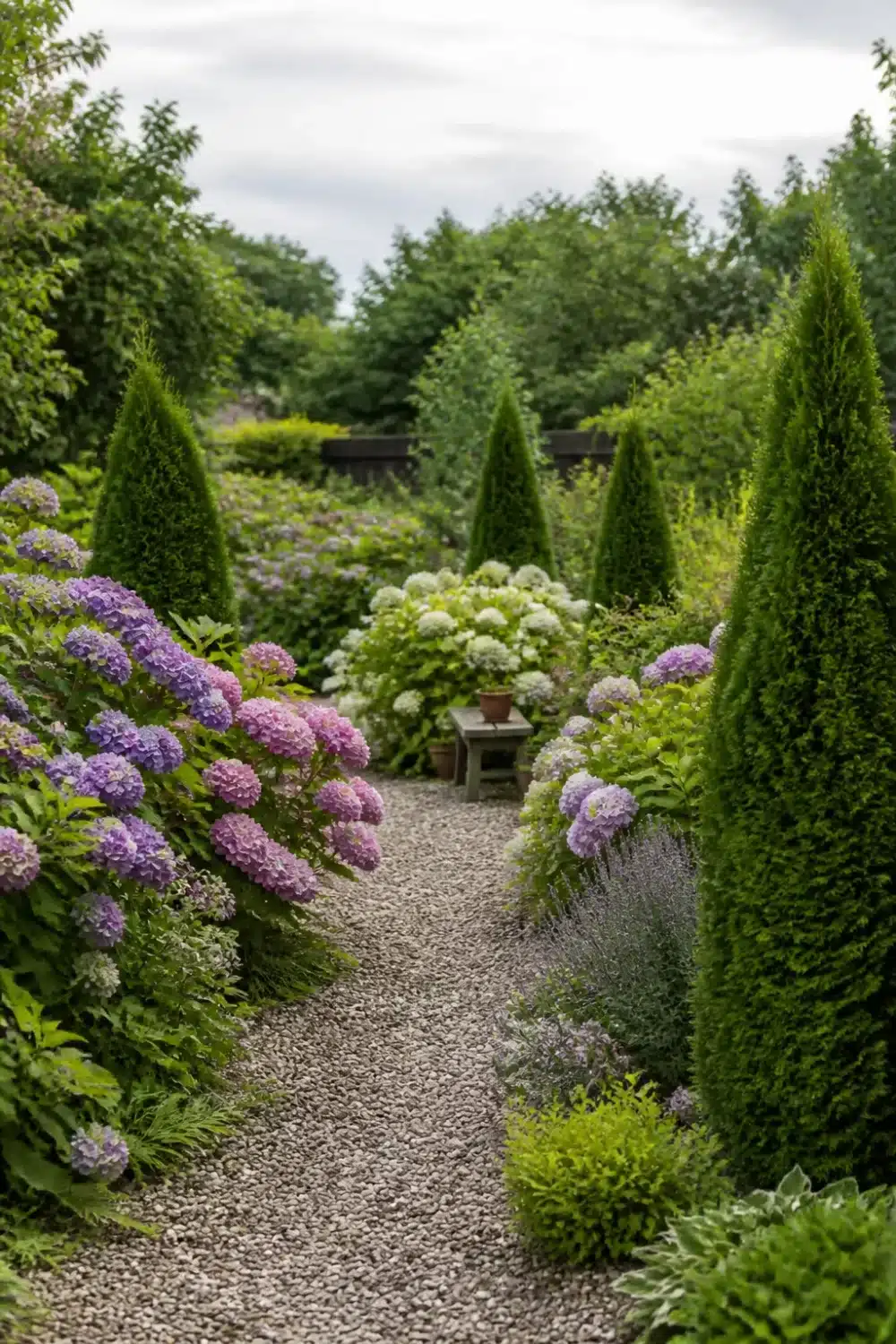 Arborvitae and hydrangea landscaping along a gravel garden path with purple and white blooms.