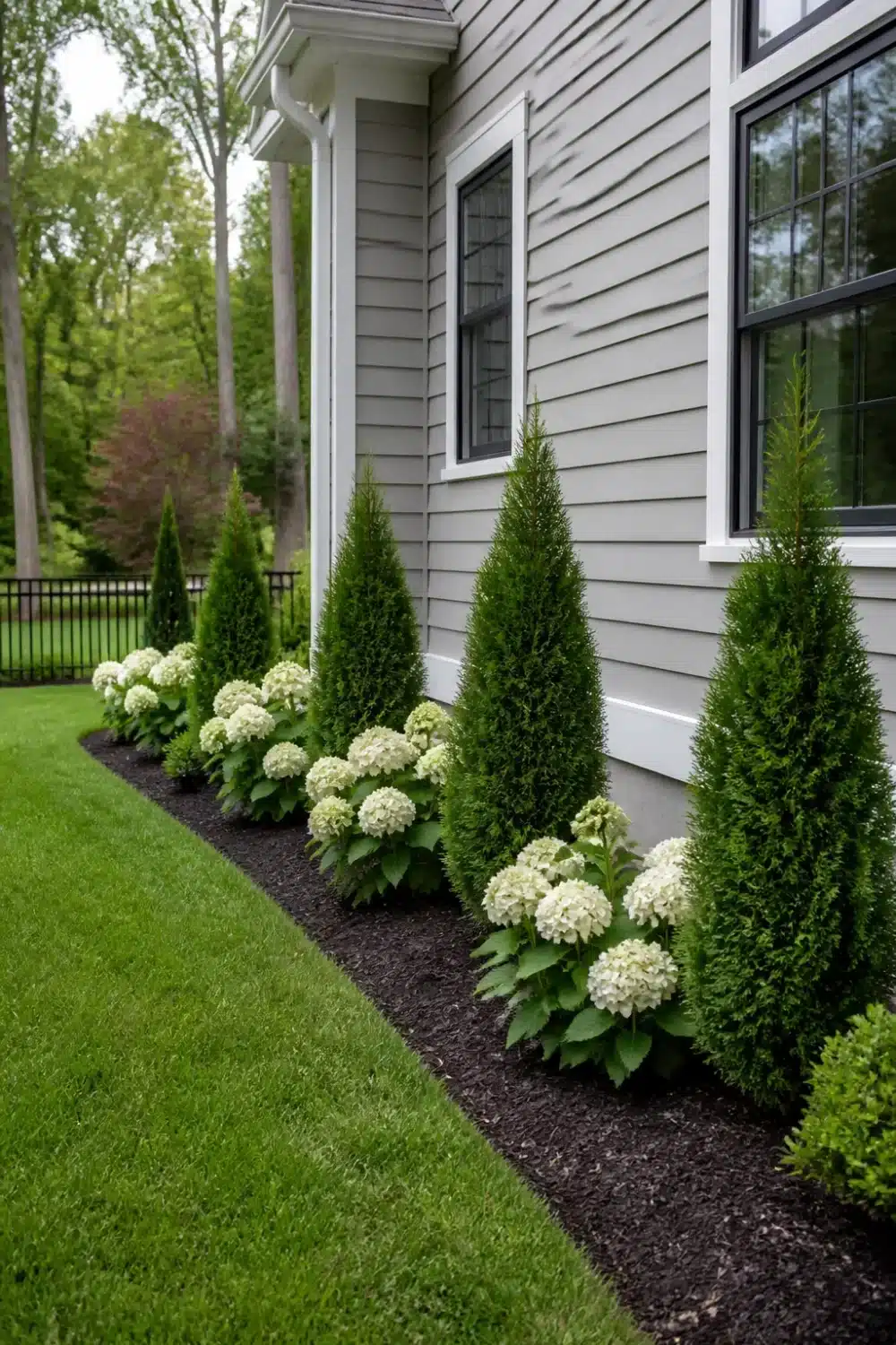 Arborvitae and hydrangea landscaping along gray house foundation with dark mulch and white blooms