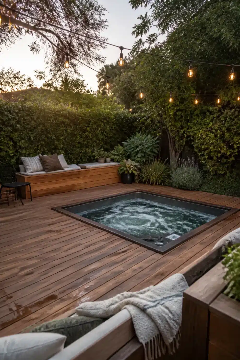 Backyard patio design with hot tub flush-inset into warm cedar deck boards and string lights at dusk