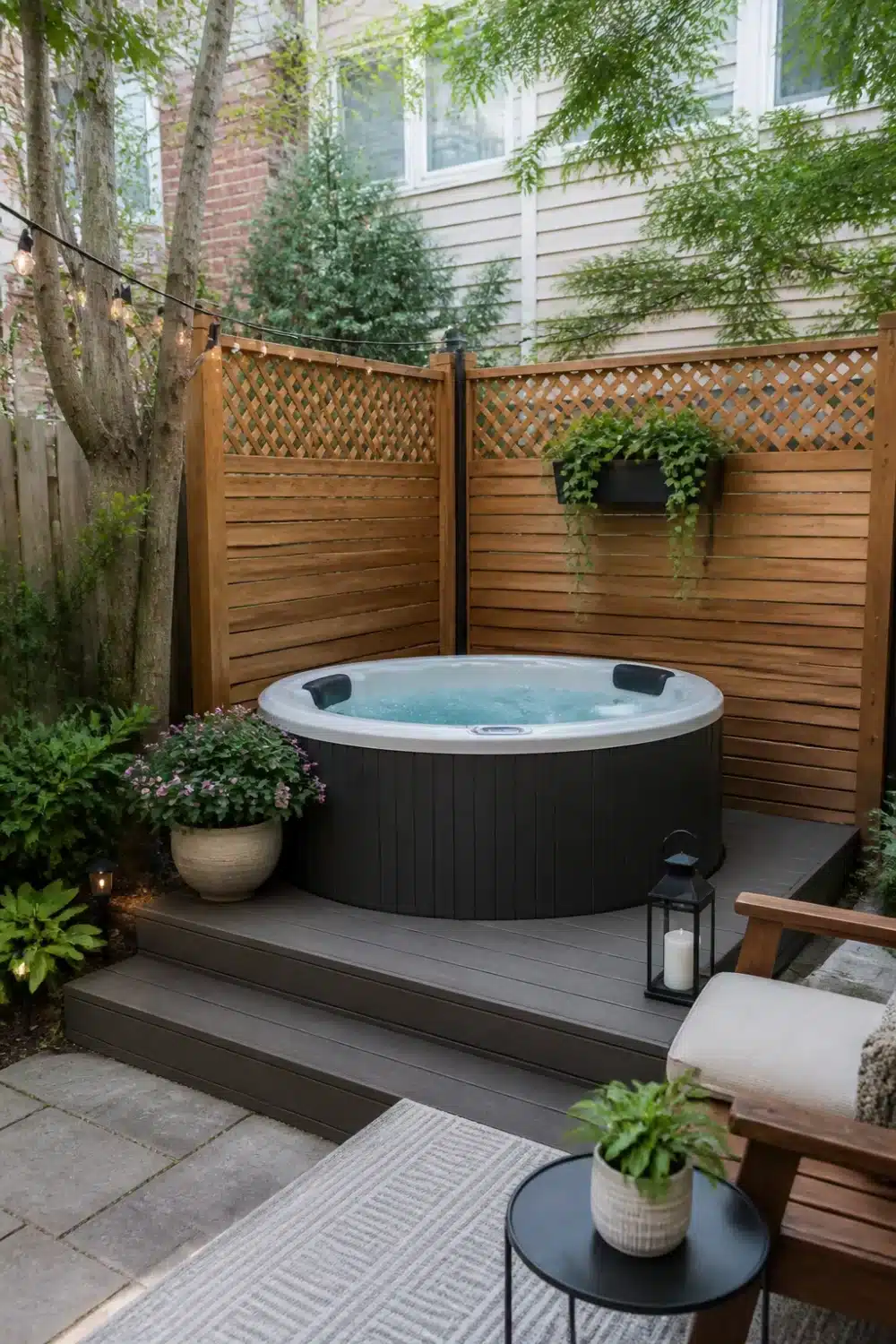 Backyard patio designs with hot tub in a small corner space using cedar lattice panels and gray composite deck