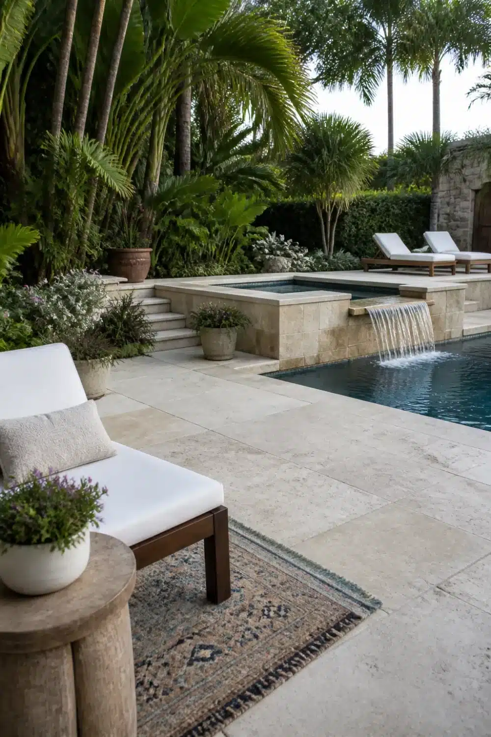 Backyard patio designs with hot tub — travertine deck, raised spillover spa, and tropical planting beside a pool