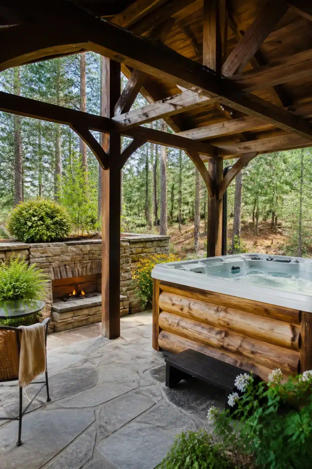 Backyard patio designs with hot tub under a dark timber frame pavilion with stacked stone fireplace and flagstone floor
