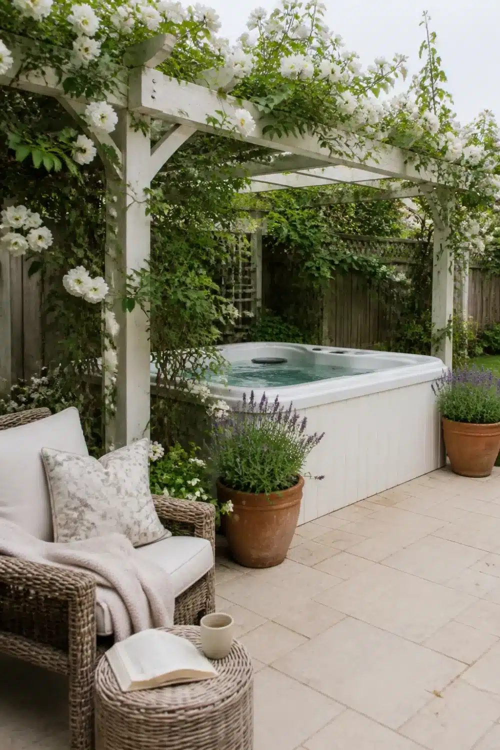 Backyard patio design with hot tub under a white pergola covered in climbing roses and lavender pots