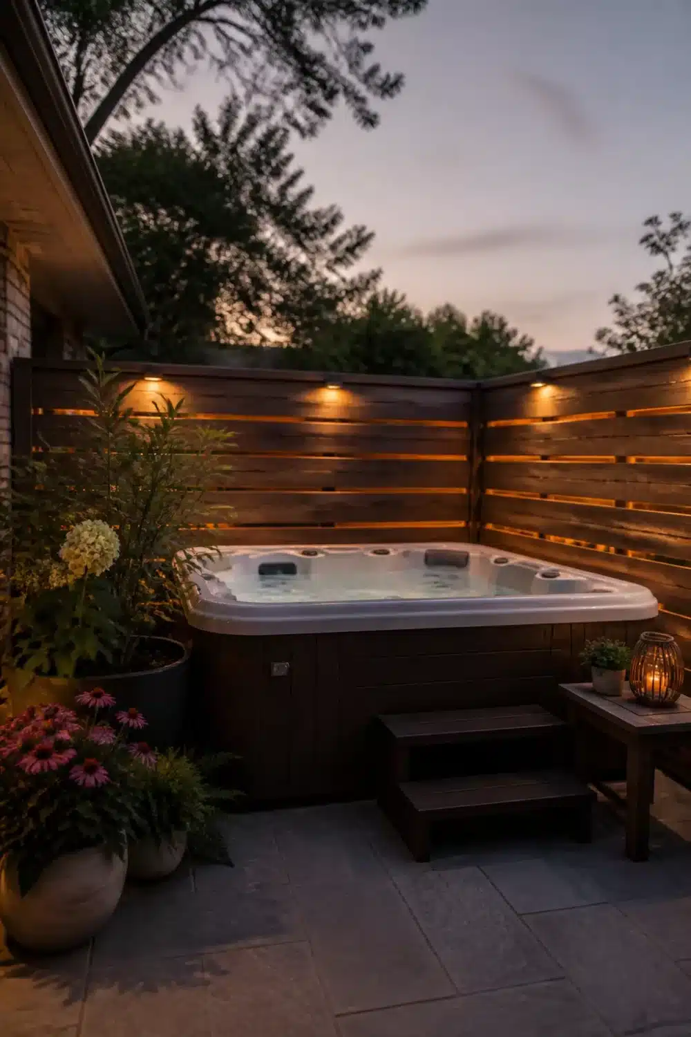 Backyard patio design with hot tub surrounded by a horizontal wood slat privacy fence with warm downlights at dusk.