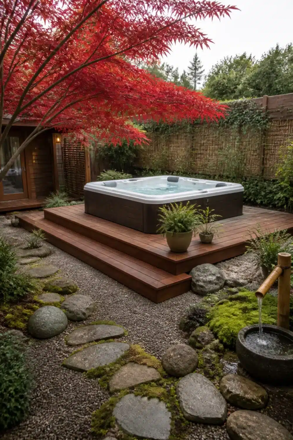 Backyard patio designs with hot tub on hardwood deck surrounded by Japanese maple, gravel, and zen garden boulders