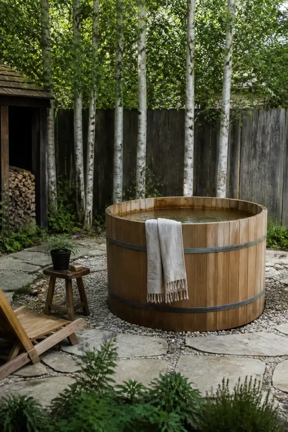 Backyard patio design with hot tub featuring a cedar barrel tub, birch trees, flagstone, and pea gravel surround.