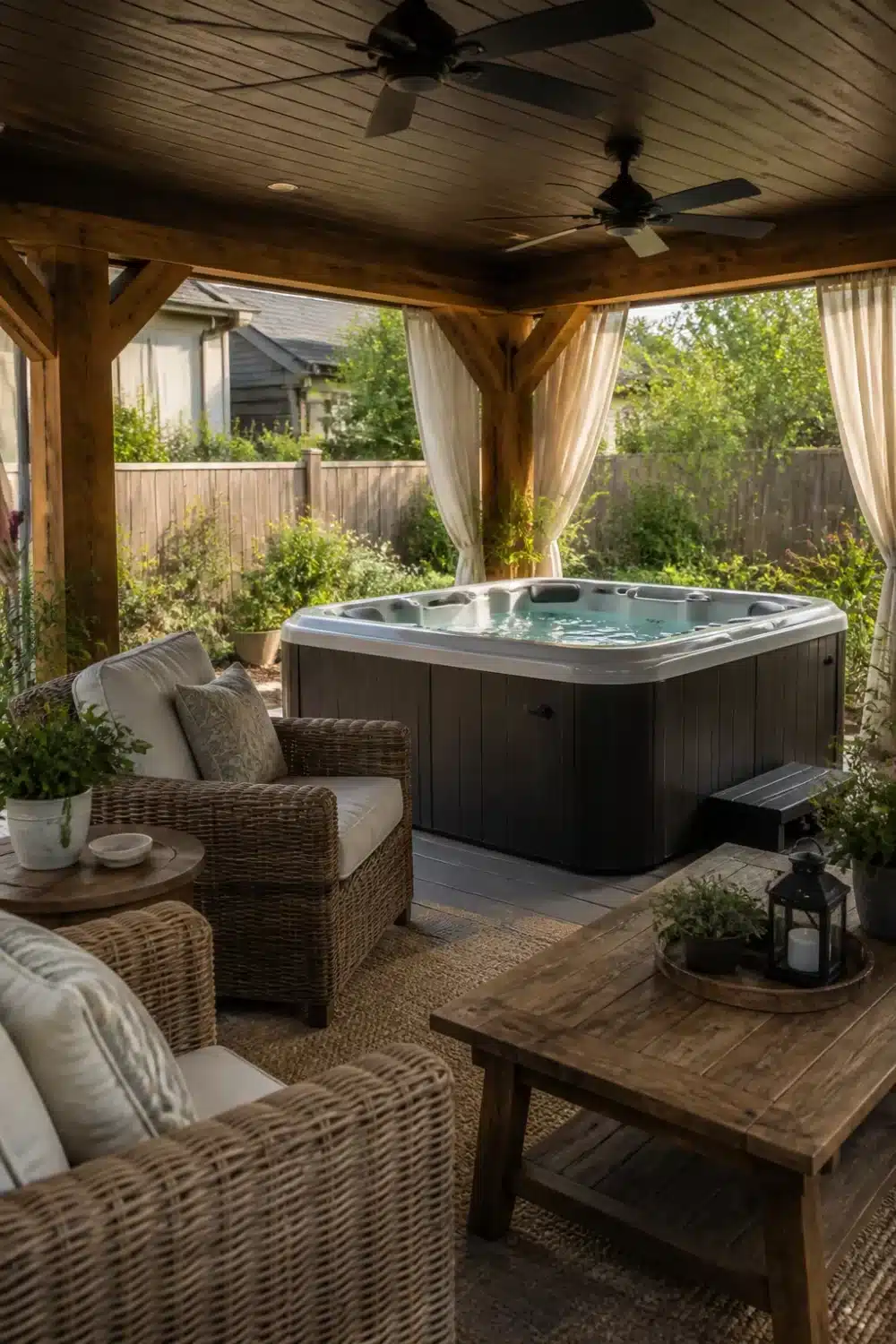 Backyard patio designs with hot tub under a wood-beam pavilion, wicker seating, ceiling fan, and sheer curtains.