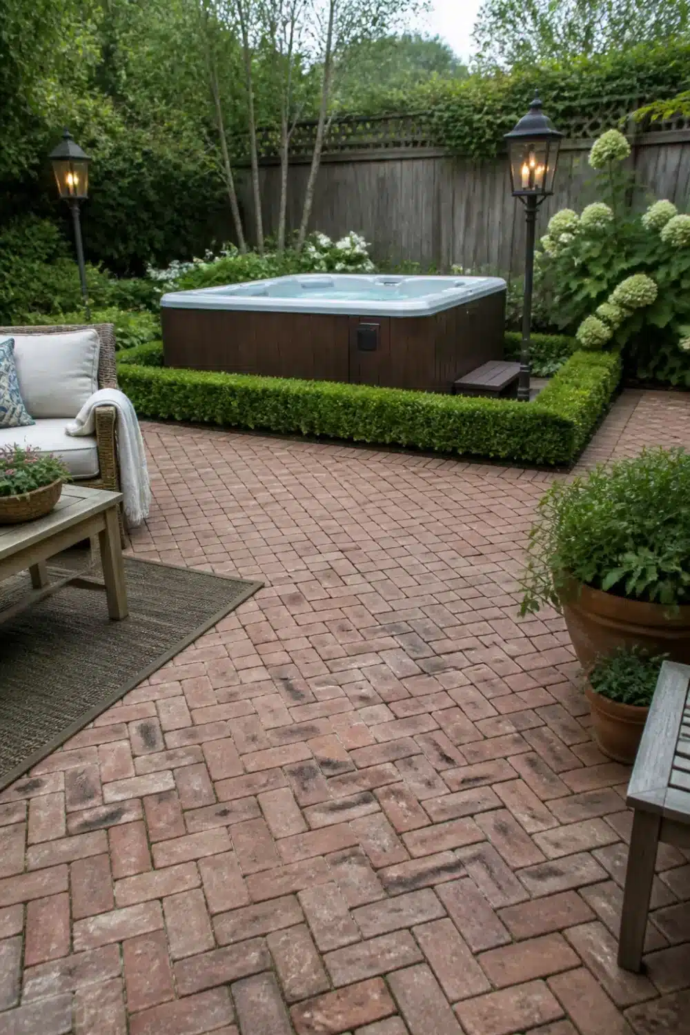 Backyard patio designs with hot tub featuring herringbone brick pavers, boxwood hedge surround, and lantern posts