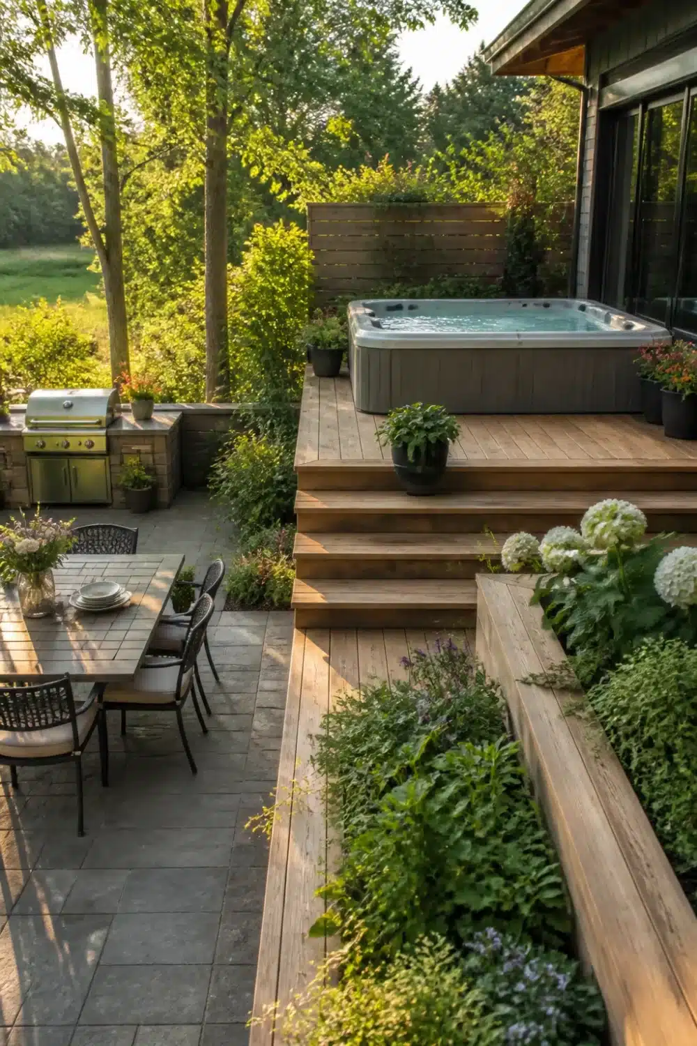 Multi-level backyard patio design with hot tub on raised wood deck above stone paver dining terrace