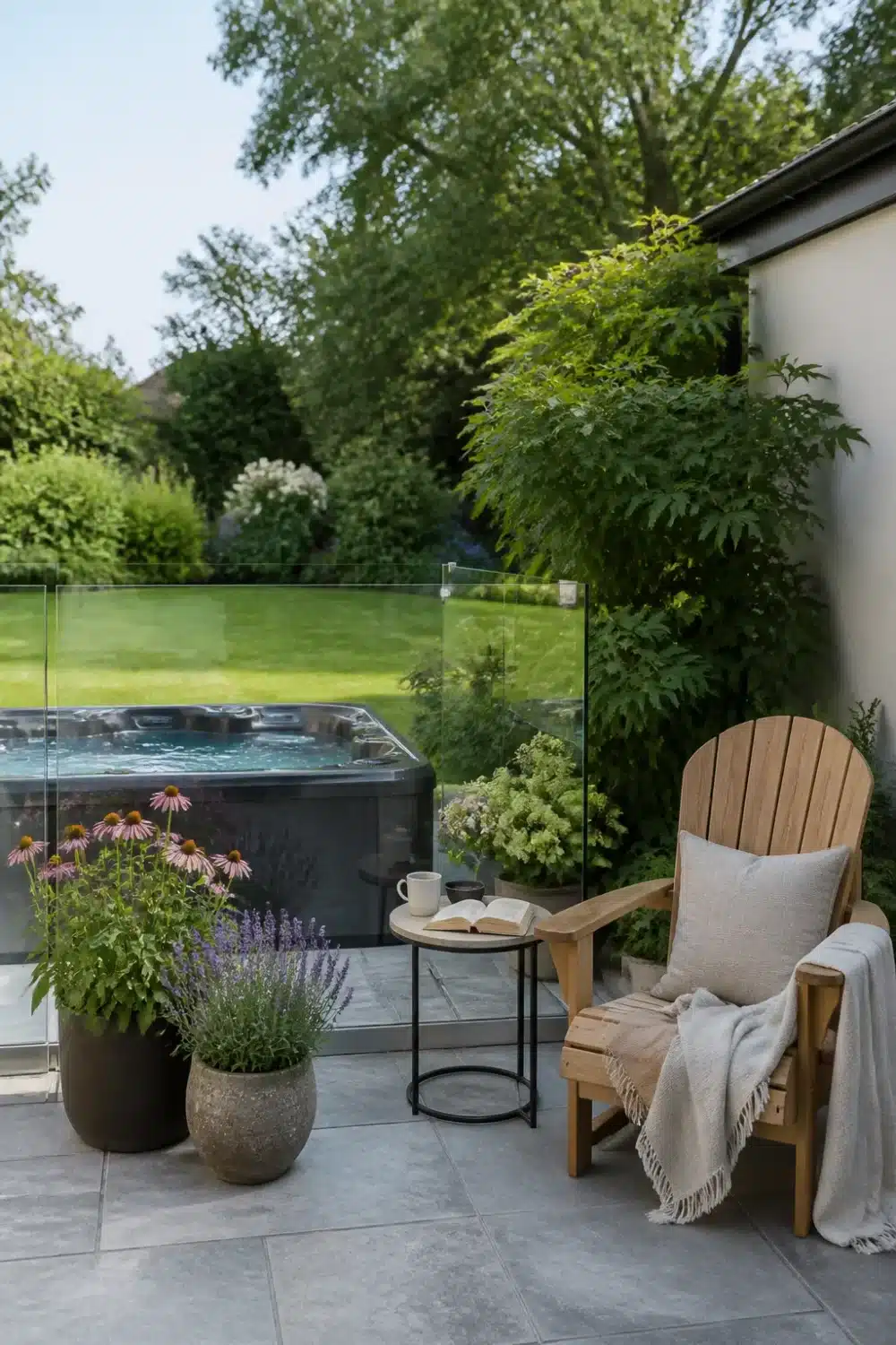 Backyard patio designs with hot tub featuring a frameless glass windbreak panel, teak chair, and potted lavender.