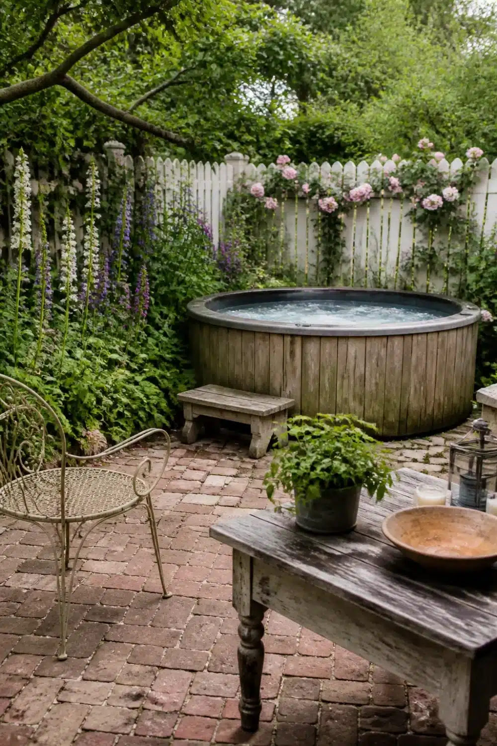 Backyard patio designs with hot tub featuring a wood-clad tub, red brick pavers, and cottage garden planting.