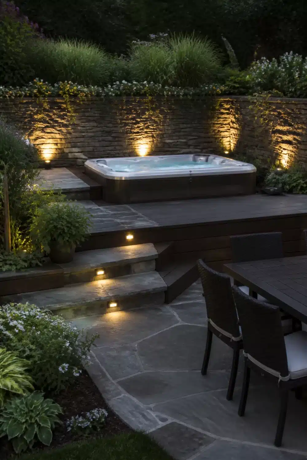 Backyard patio designs with hot tub featuring dark timber steps, flagstone, and warm uplighting at night.