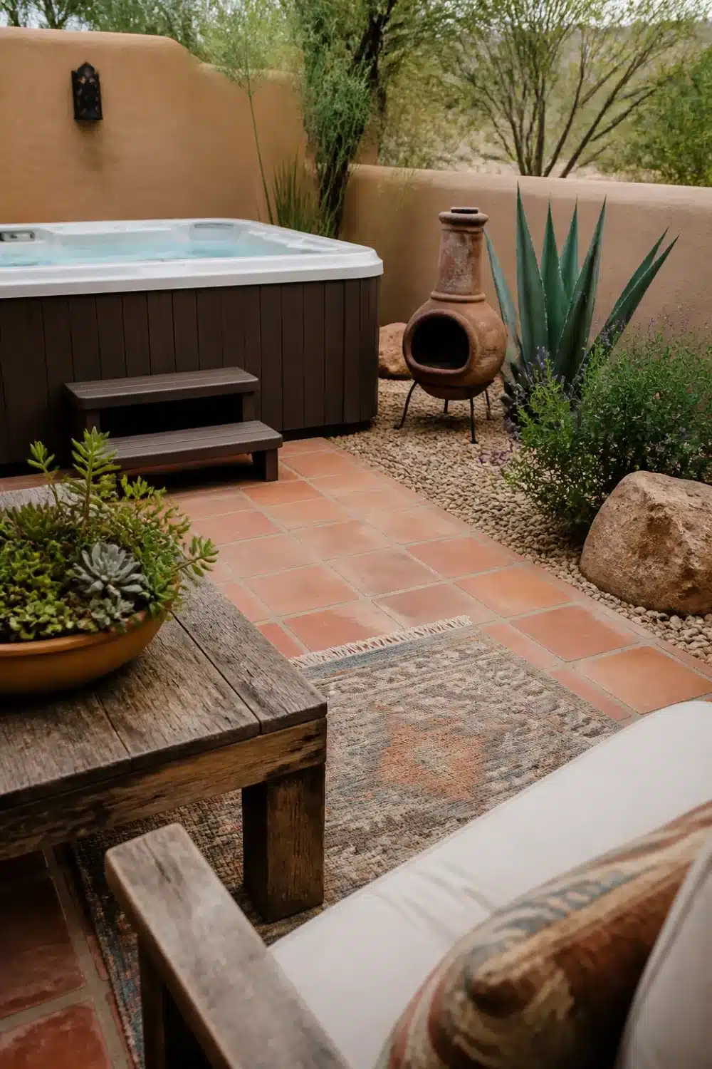 Desert Southwest backyard patio designs with hot tub, terracotta tile, clay chiminea, agave plants and adobe walls