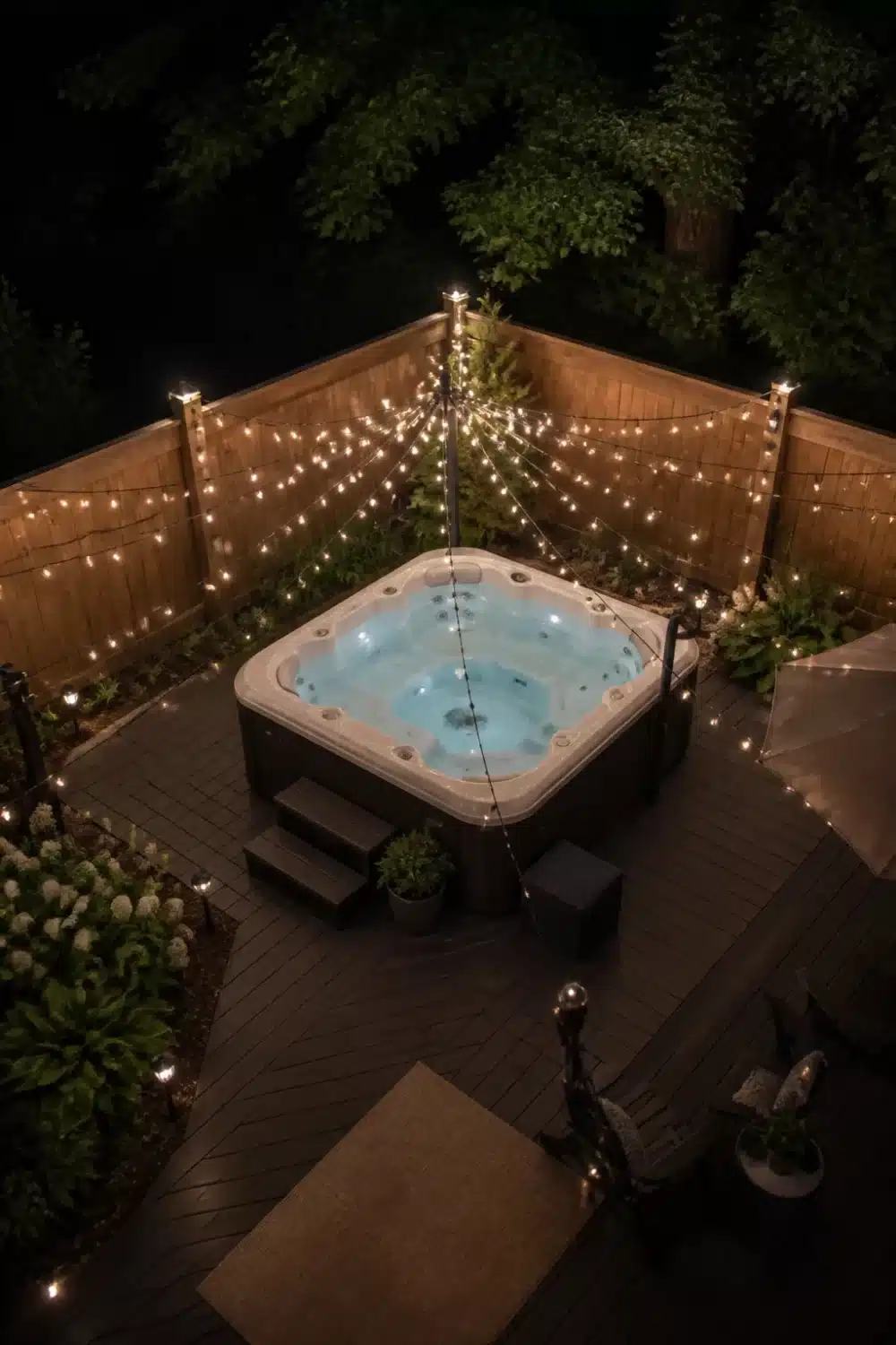 Backyard patio designs with hot tub featuring a string light canopy fanned over a cedar fence at night