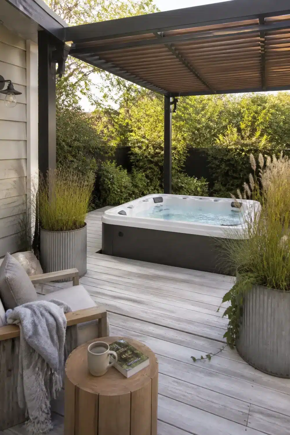 Backyard patio design with hot tub under a steel pergola, whitewashed deck, and corrugated metal planters with ornamental grasses.