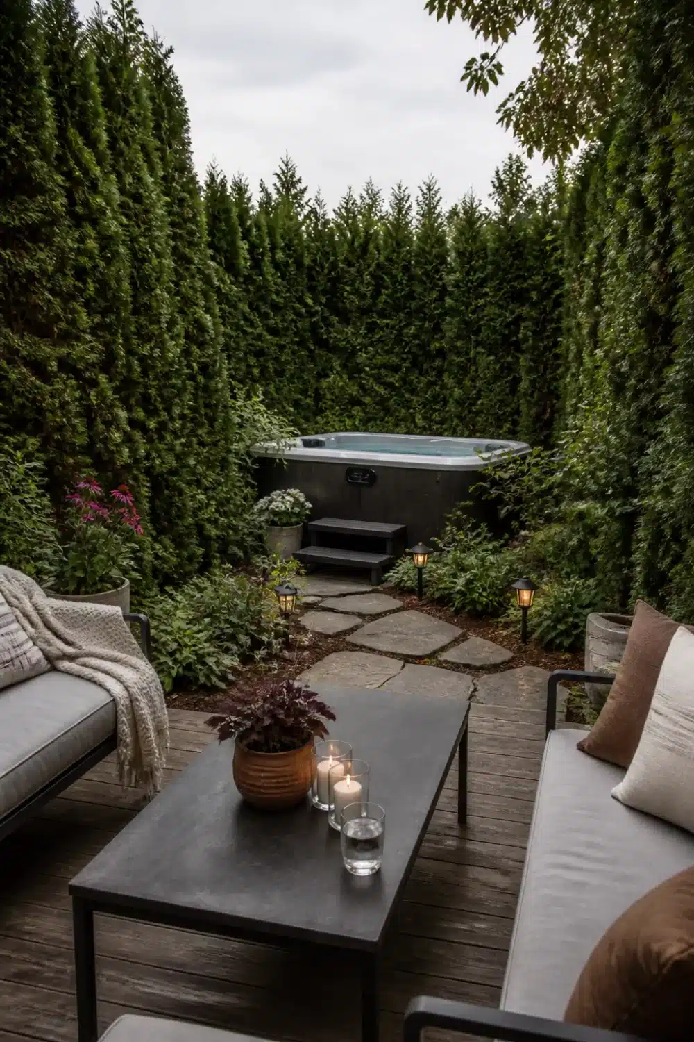 Backyard patio design with hot tub surrounded by tall arborvitae, flagstone path, and candlelit lounge seating.