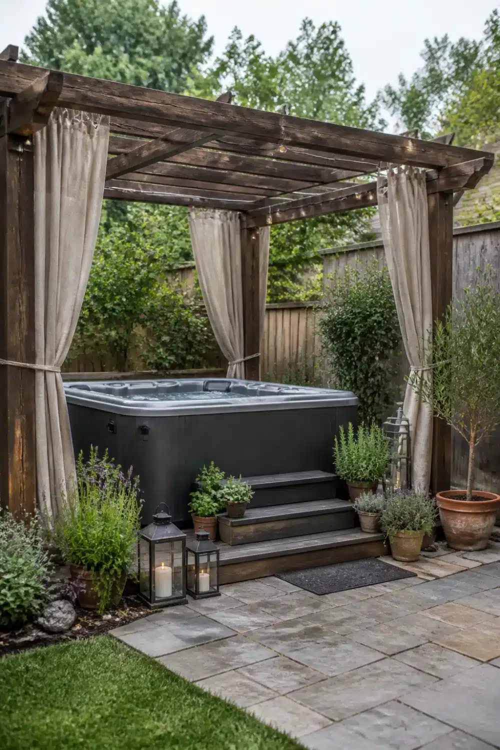 Backyard patio designs with hot tub under a rustic wood pergola with linen curtains, lanterns, and potted herbs.