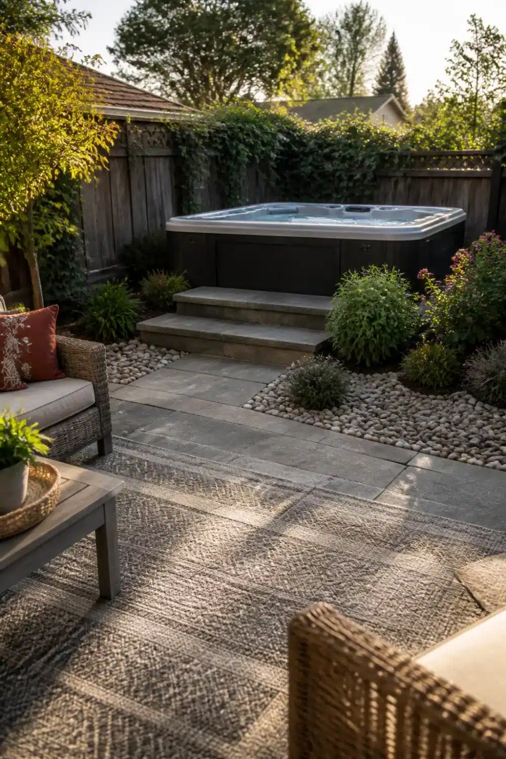 Backyard patio design with hot tub on raised stone platform, gravel border, and large-format gray pavers