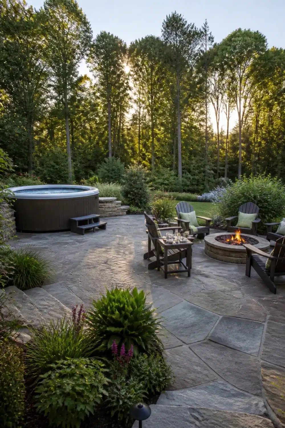 Backyard patio designs with hot tub featuring flagstone, round stone fire pit, and Adirondack chairs at dusk