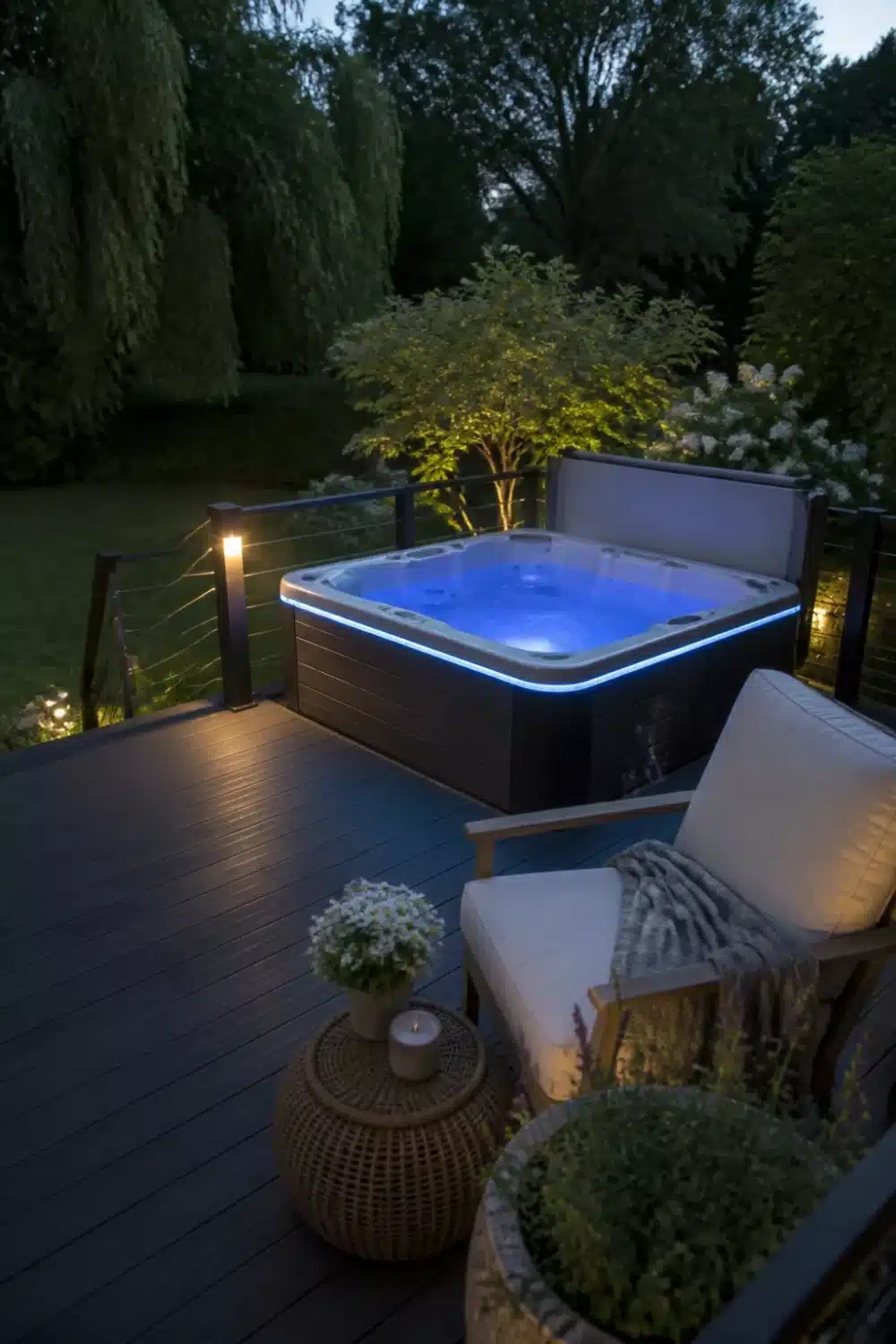 Backyard patio designs with hot tub featuring dark composite decking and blue LED strip lighting at dusk
