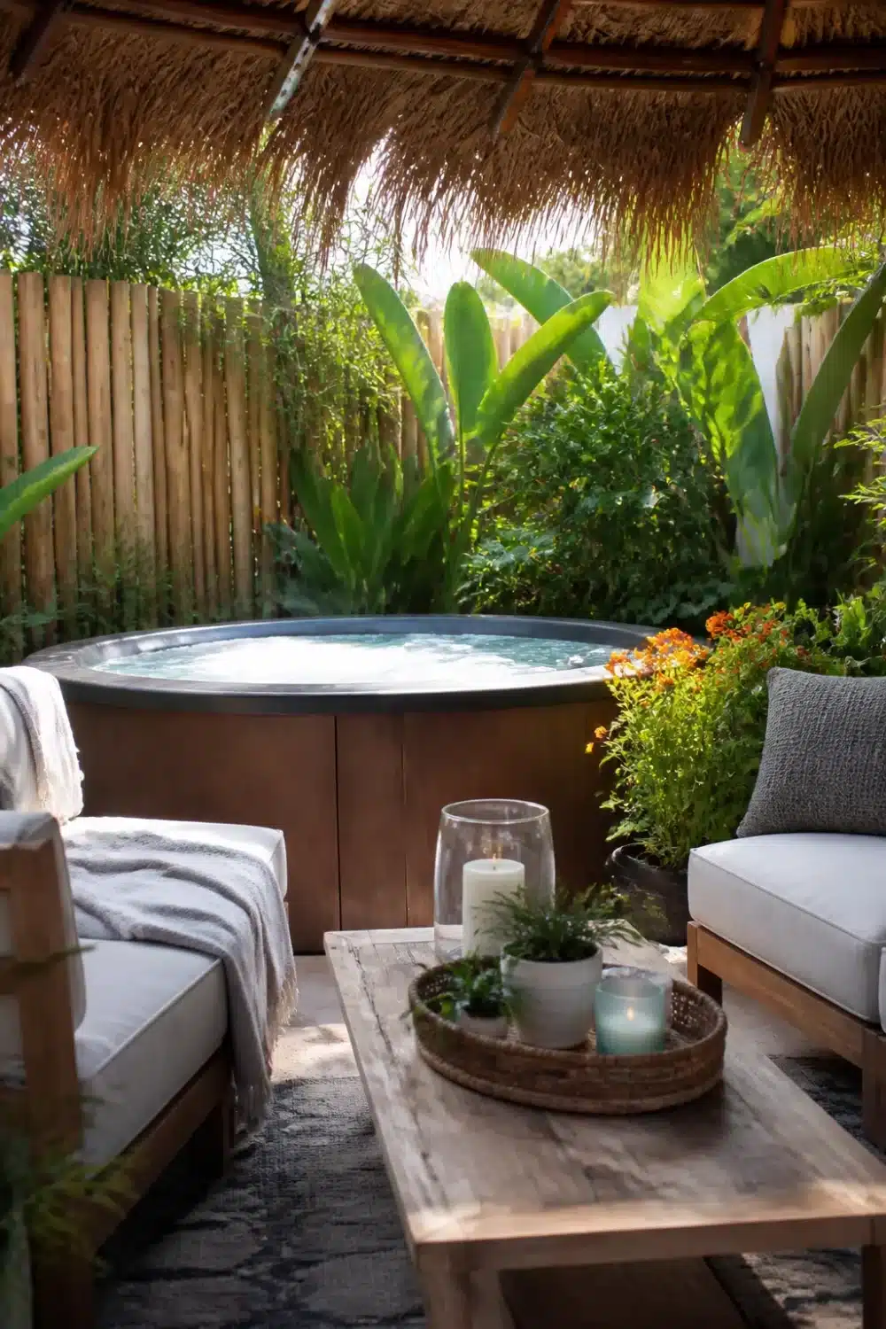 Backyard patio design with hot tub under a thatched roof, bamboo fence, tropical plants, and teak lounge seating.