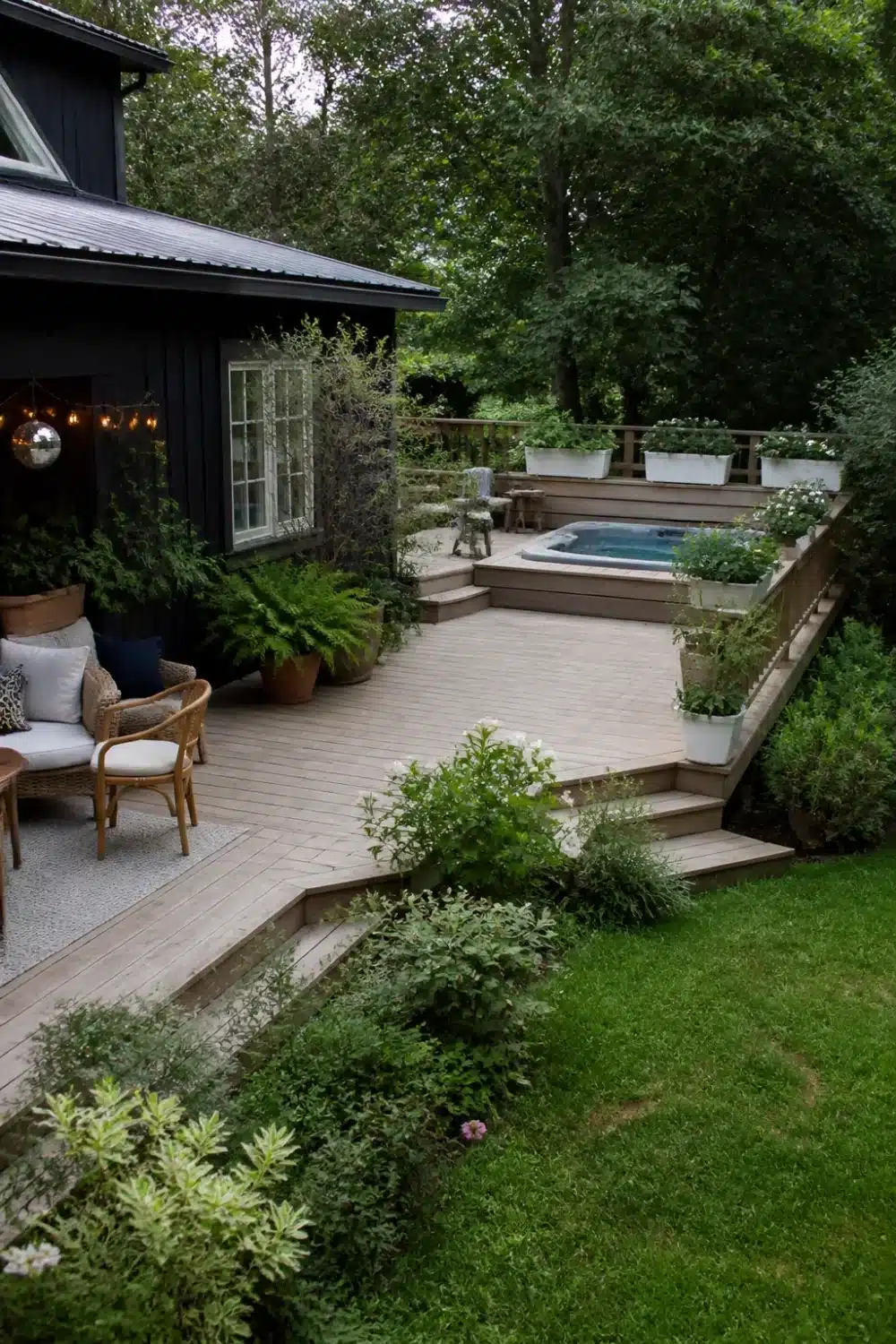 Backyard patio designs with hot tub featuring a wraparound weathered gray deck, white rail planters, and upper-tier spa.