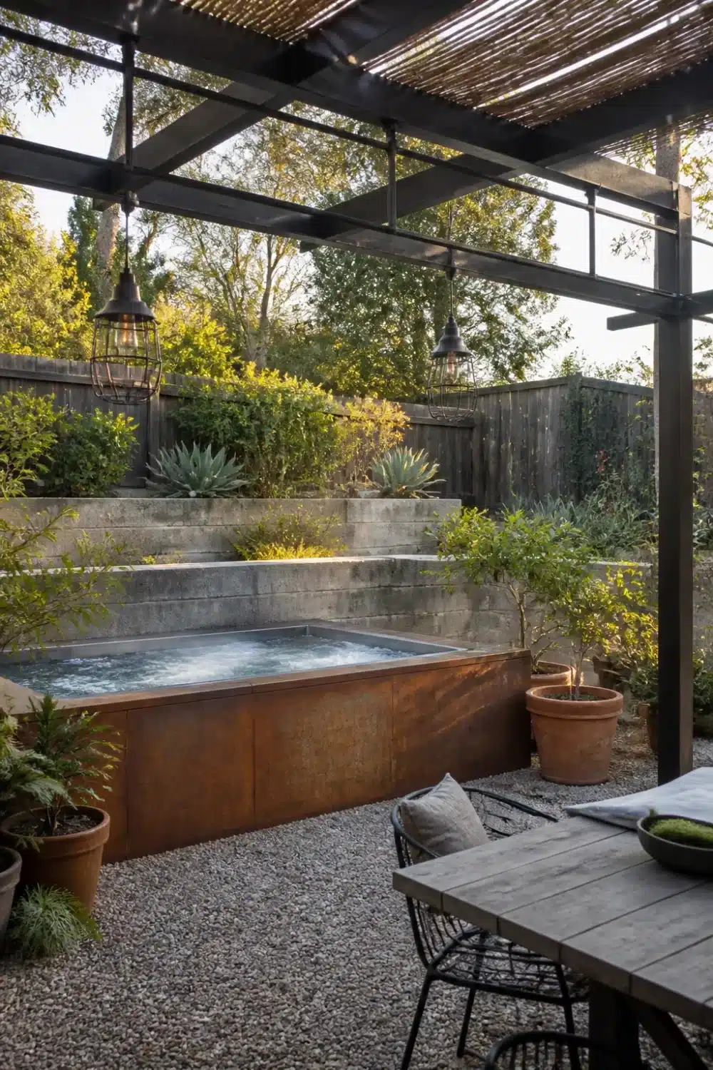 Backyard patio designs with hot tub featuring a corten steel spa, black steel pergola, and gravel floor