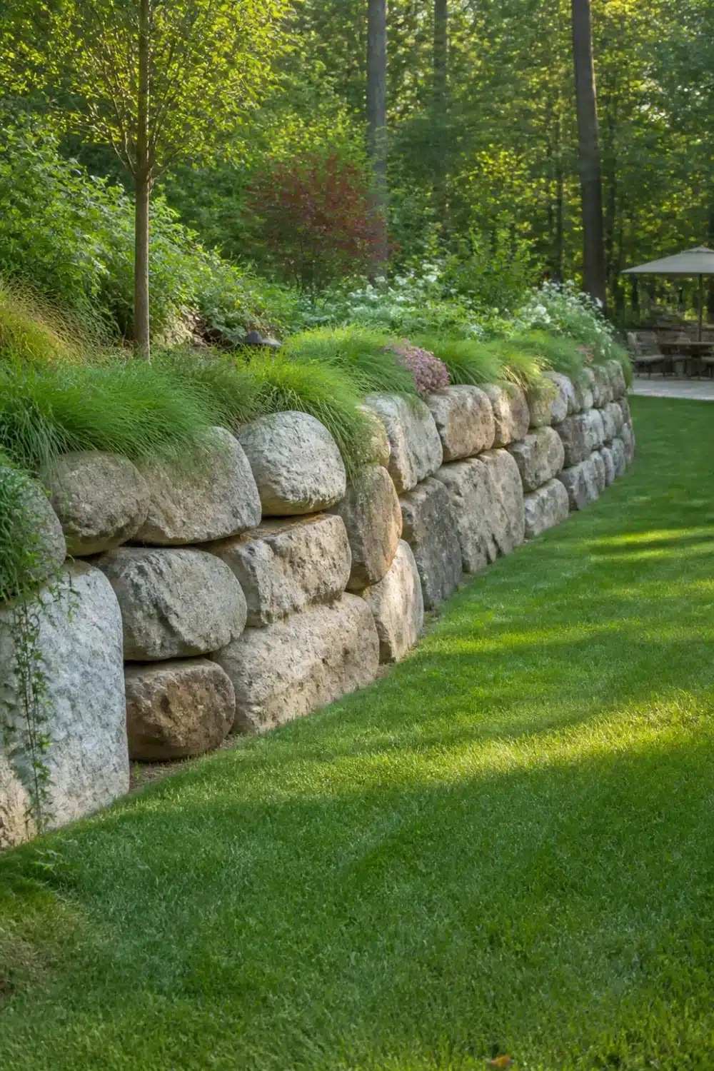 Dry-stacked round fieldstone boulder retaining wall along a green lawn edge with ornamental grasses above
