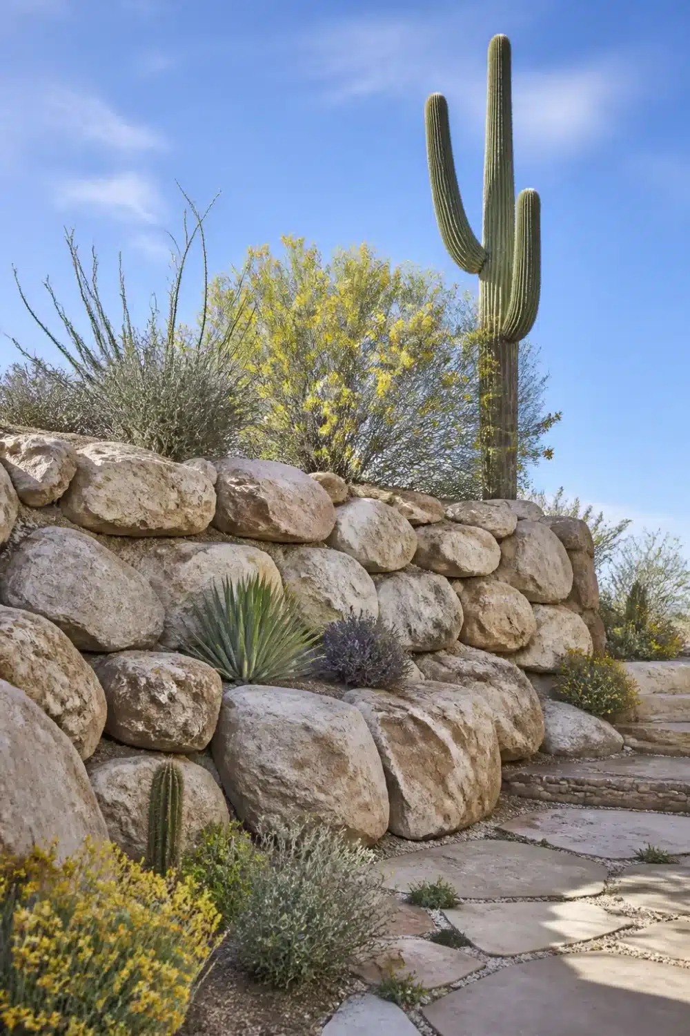 Boulder retaining wall with pale rounded stones, saguaro cactus, and desert plants in a Southwest landscape garden.