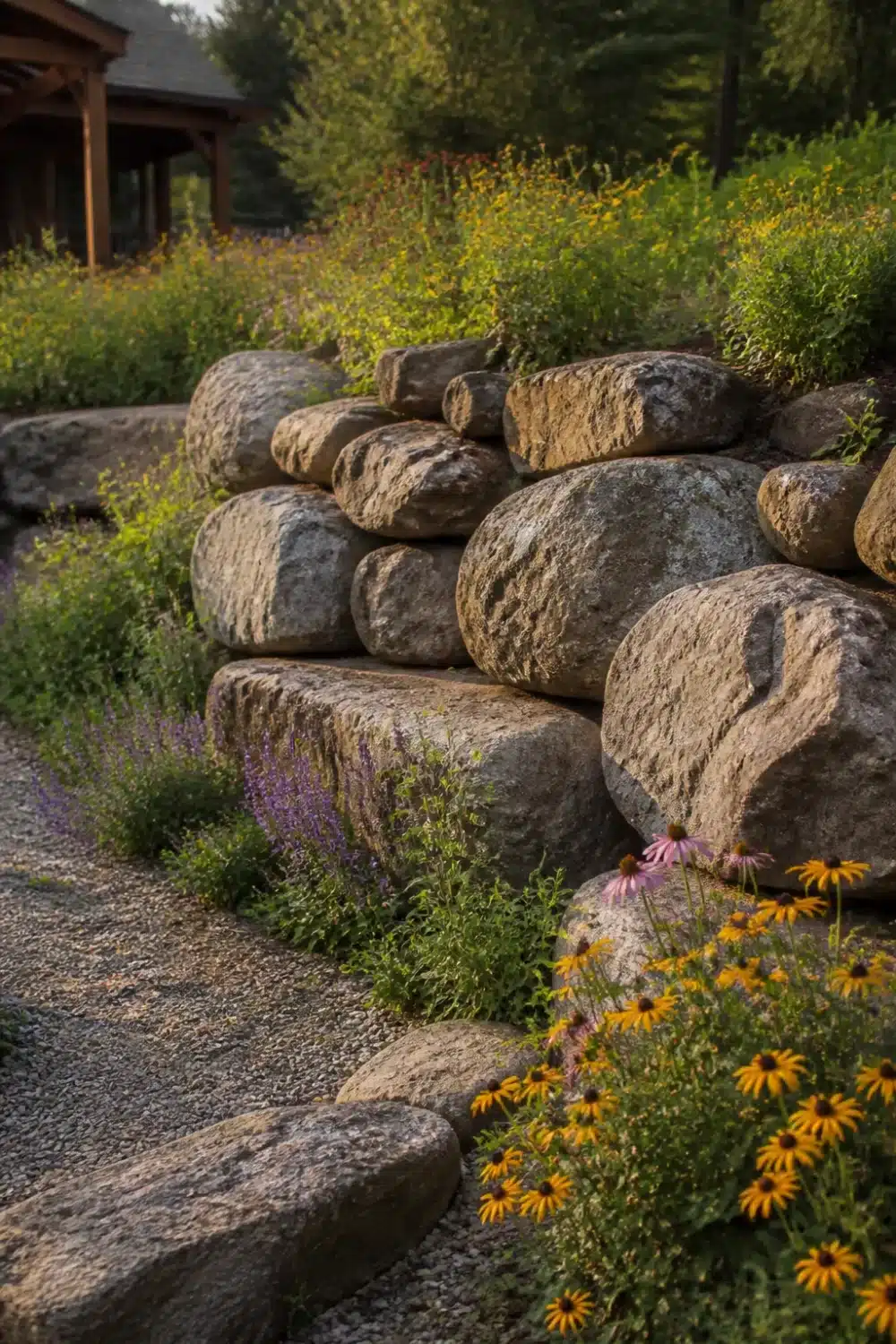 Mixed-size boulder retaining wall with black-eyed Susans and salvia in a naturalistic garden landscape.