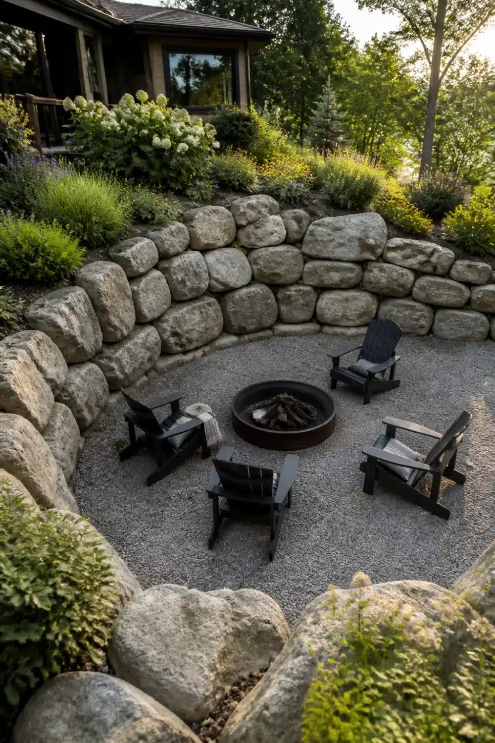Curved boulder retaining wall framing a gravel fire pit patio with black Adirondack chairs and lush plantings above.