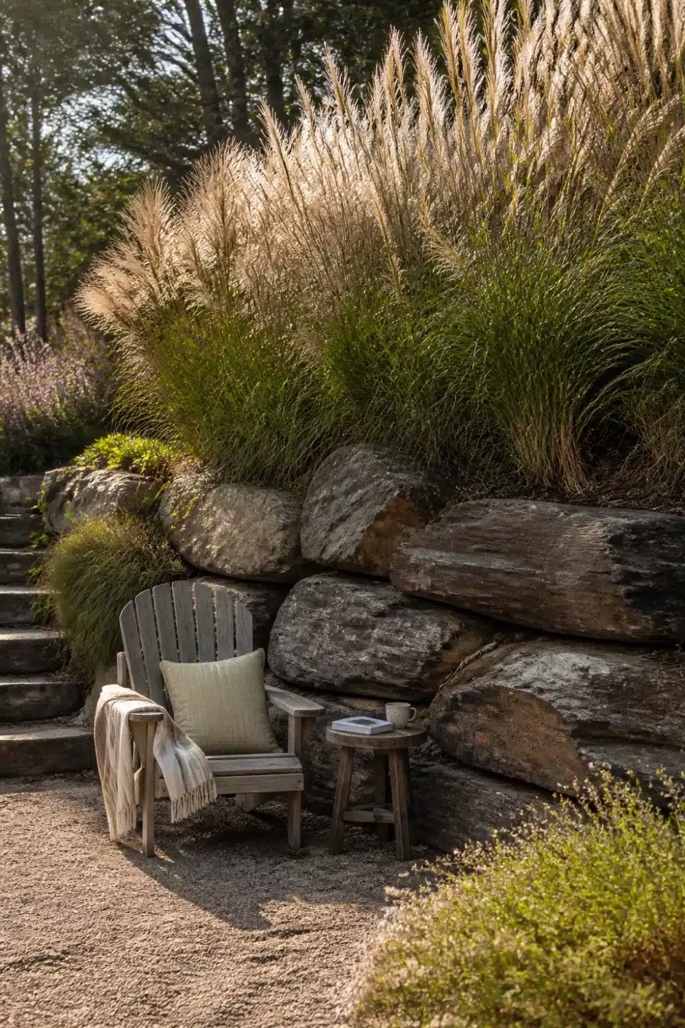 Stacked schist boulder retaining wall with tall ornamental grasses, gravel floor, and Adirondack chair in a tiered garden.