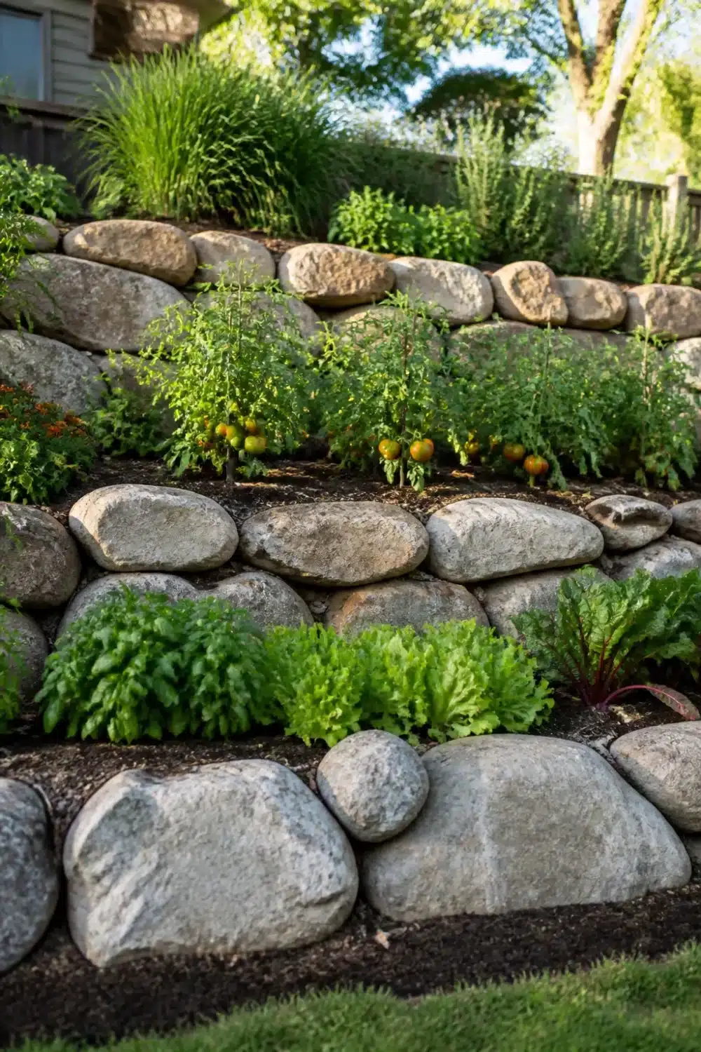 Tiered boulder retaining wall holding three levels of vegetable garden beds with tomatoes and leafy greens