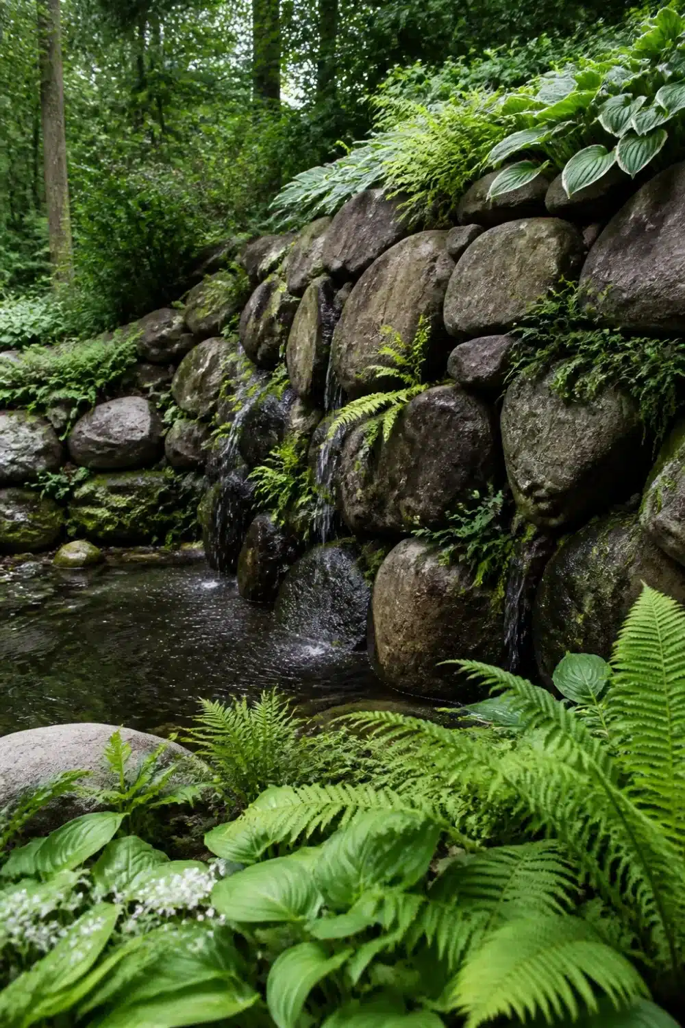 Boulder retaining wall with cascading water feature and ferns in a shaded garden landscape