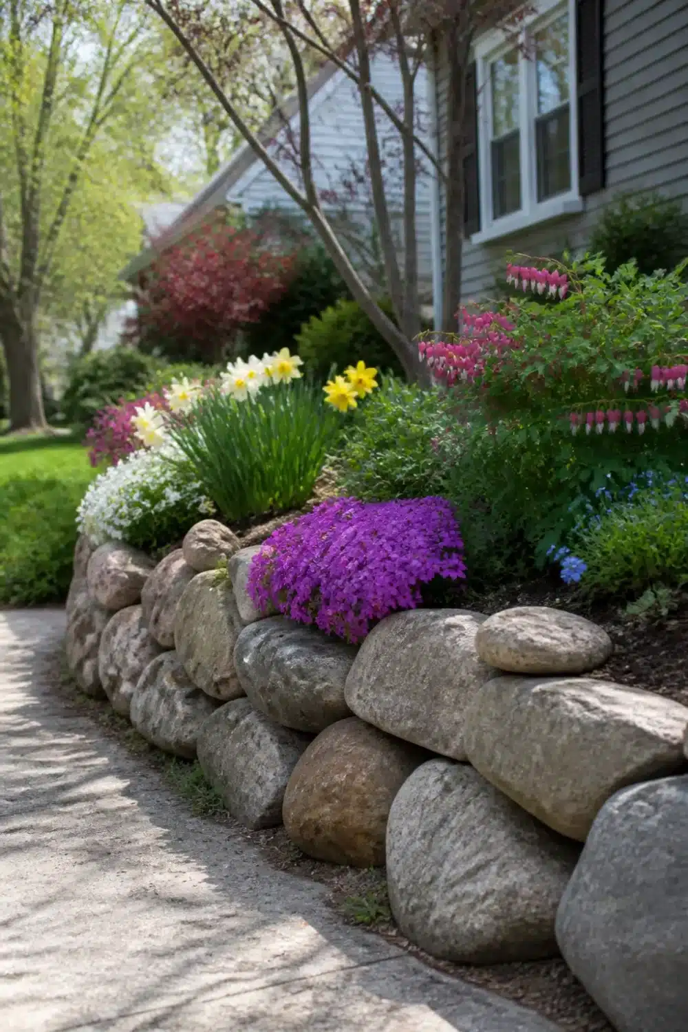 Low boulder retaining wall along a driveway edge with spring daffodils, purple phlox, and bleeding heart in bloom.