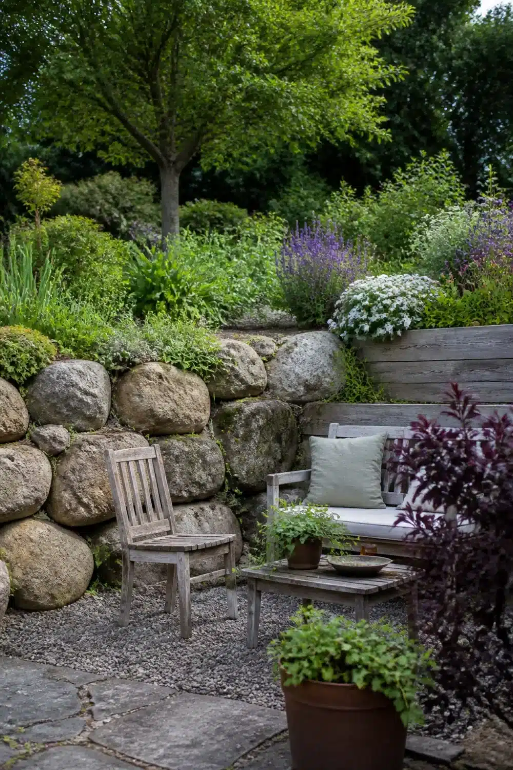 Boulder retaining wall paired with weathered timber raised beds, gravel seating area, and purple catmint planting.